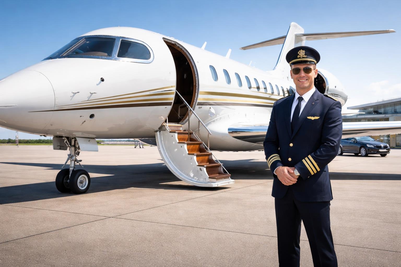 A private jet on the tarmac with a pilot standing by the open door and a luxury car nearby at an airport.