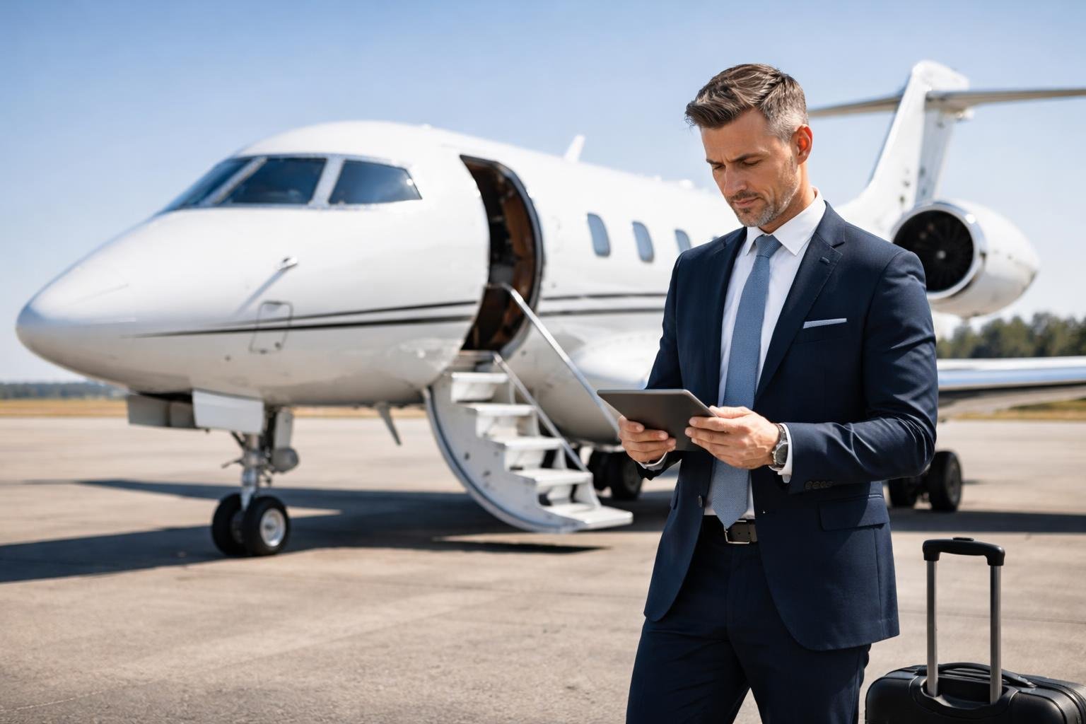 A businessperson standing beside a private jet on a runway, holding a tablet and looking at the aircraft.