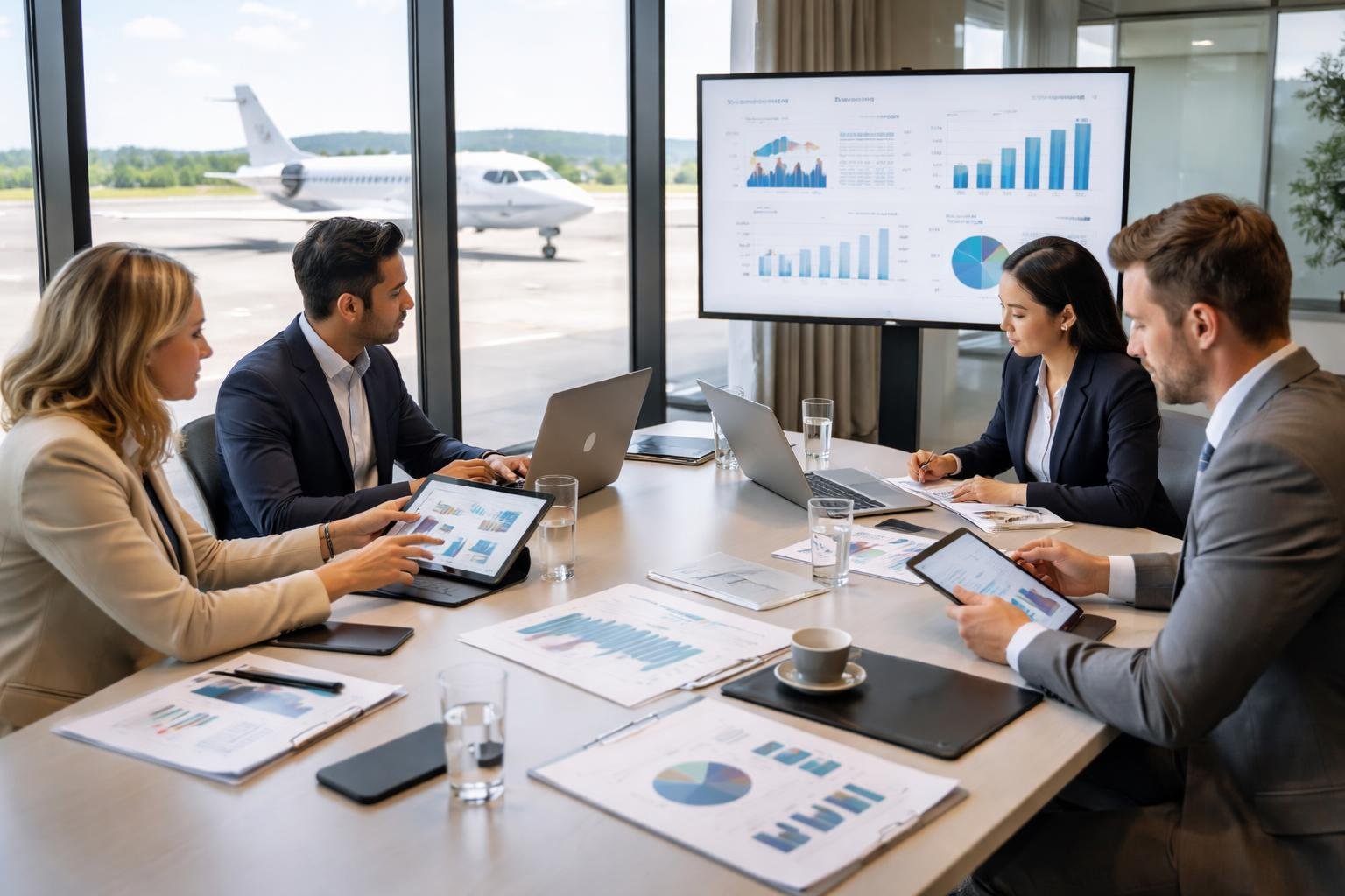 Business professionals discussing data around a conference table with a private jet visible outside a large window.