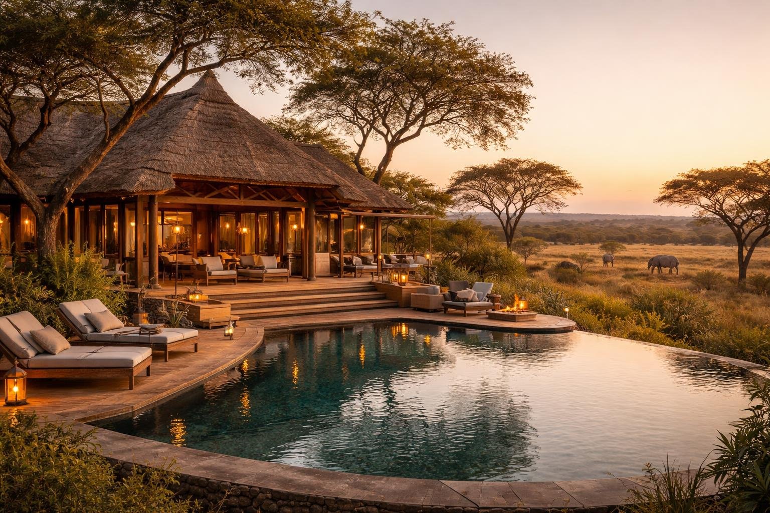 A luxury safari lodge with a wooden structure and infinity pool surrounded by trees and savannah, with wild animals grazing in the distance under a warm sunset.