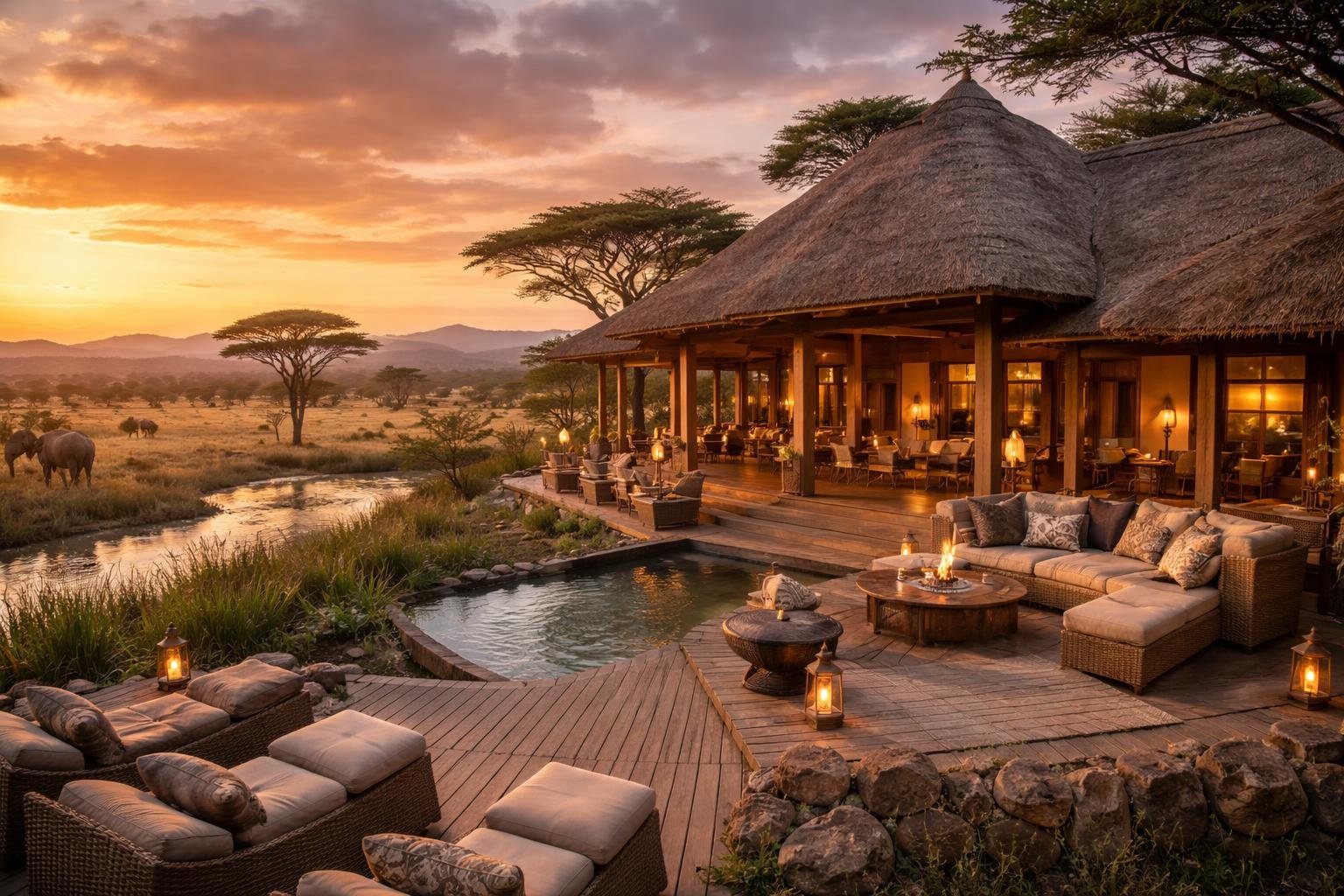 A luxury safari lodge overlooking the African savanna with wildlife and a colorful sunset in the background.