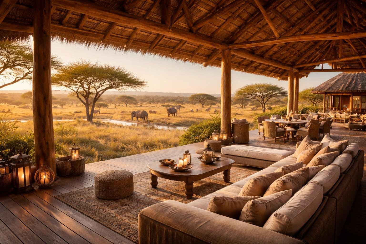 A luxury safari lodge overlooking an African savanna with wild animals and golden grasslands at sunrise or sunset.