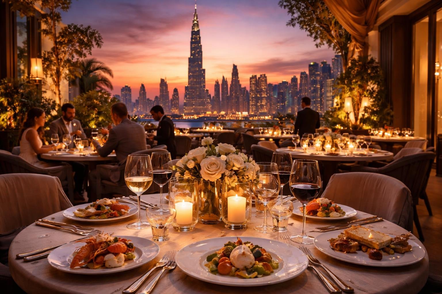 Outdoor dining terrace at a luxury hotel in Dubai with guests enjoying a meal and the city skyline in the background at sunset.