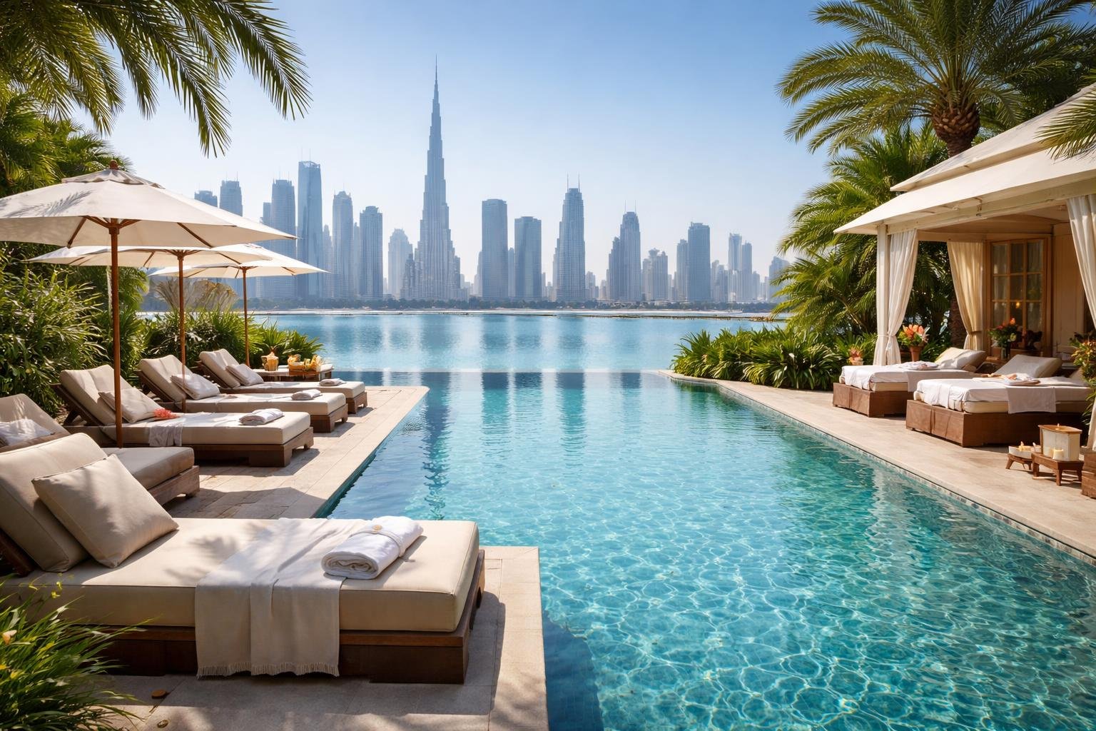 Outdoor infinity pool with sun loungers and palm trees overlooking the Dubai skyline and Burj Khalifa.