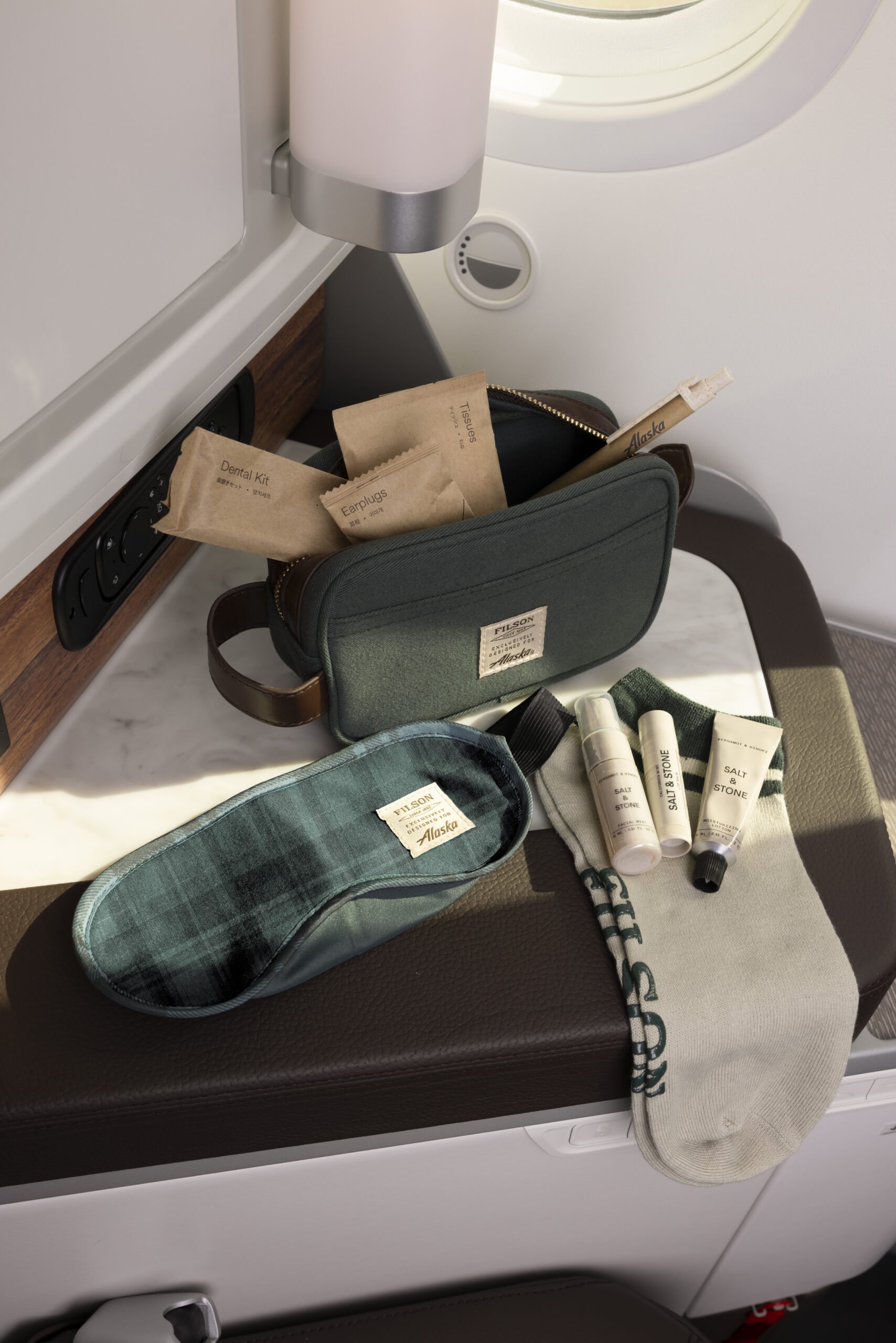 Alaska Airlines international business class Suites amenity kit with Salt & Stone travel essentials