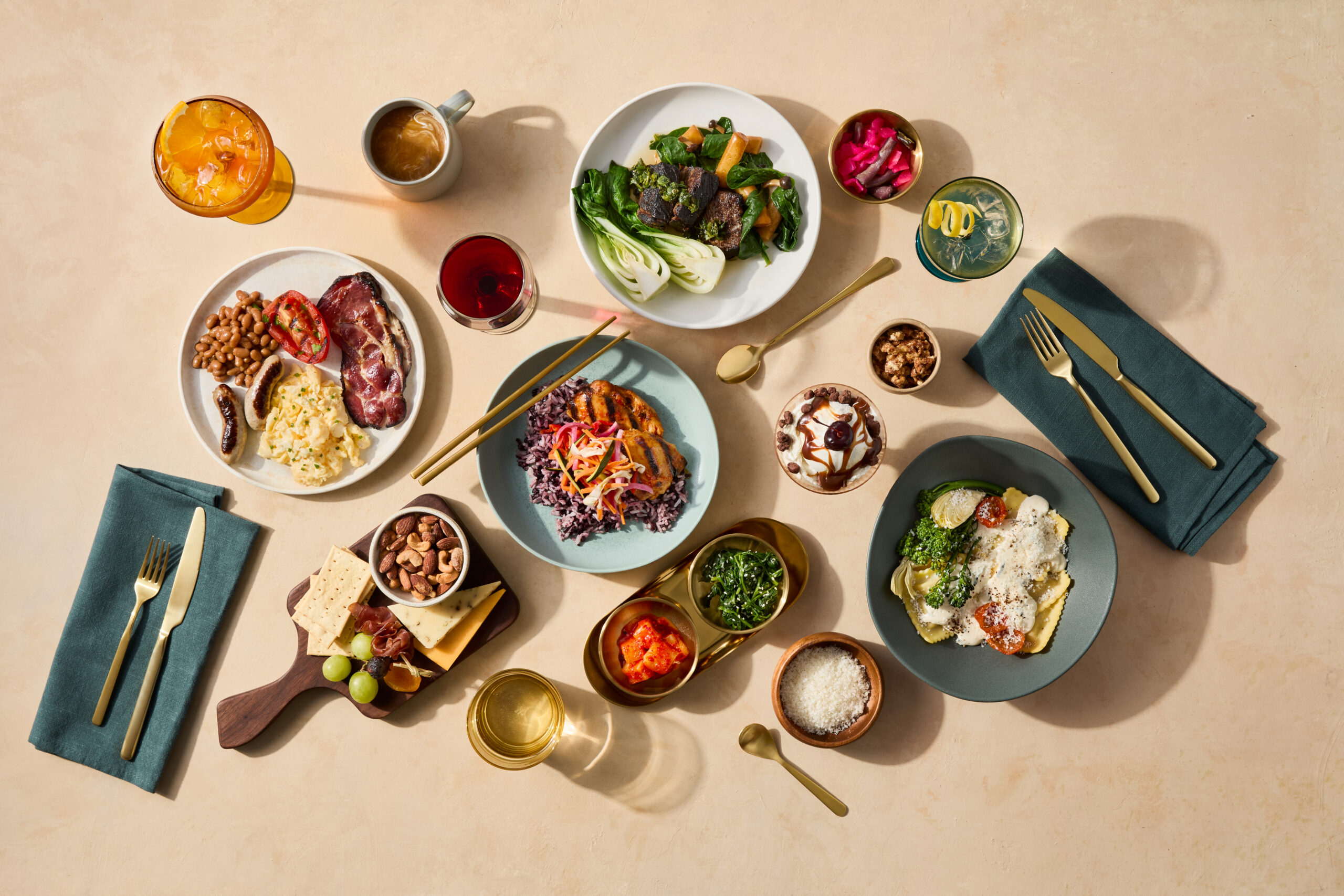 Menu and multi-course dining service in Alaska Airlines international business class Suites