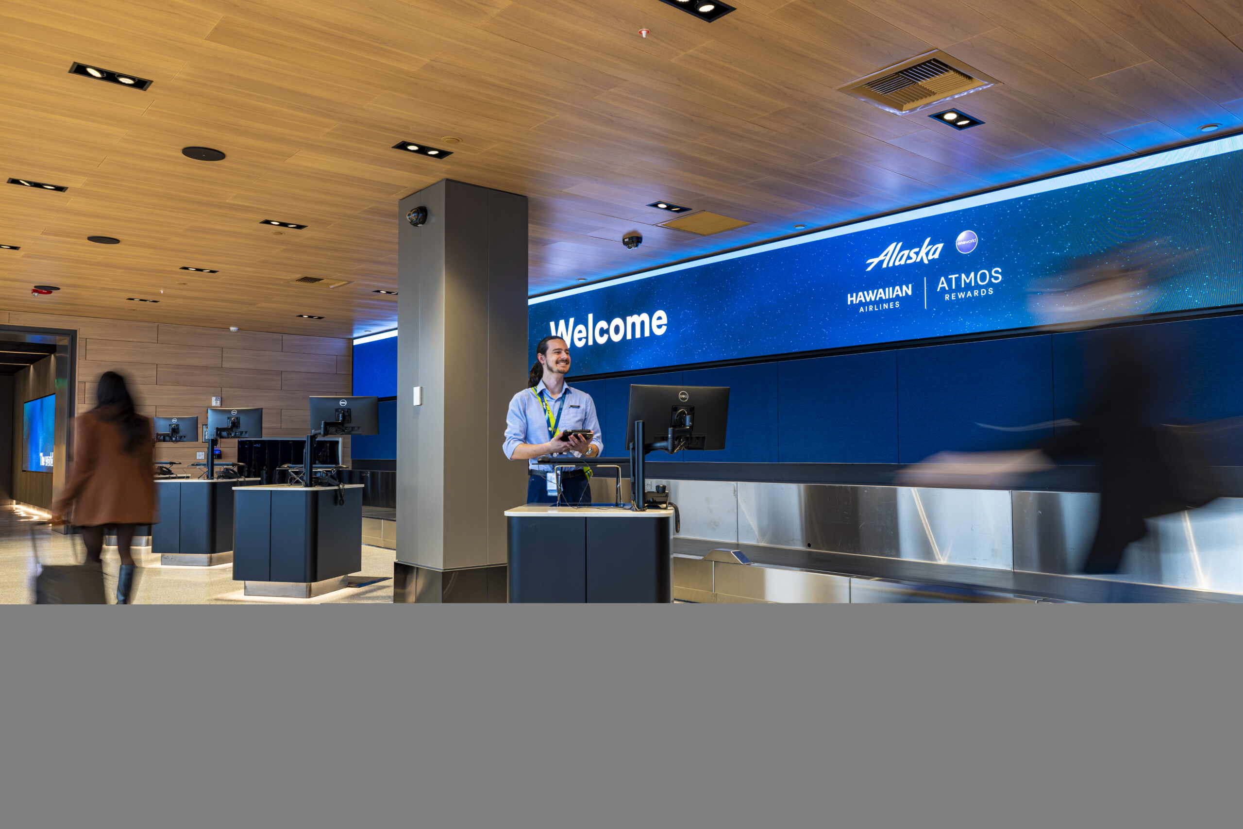 Alaska Airlines exclusive Suites and Atmos Titanium check-in lobby at Seattle-Tacoma International Airport