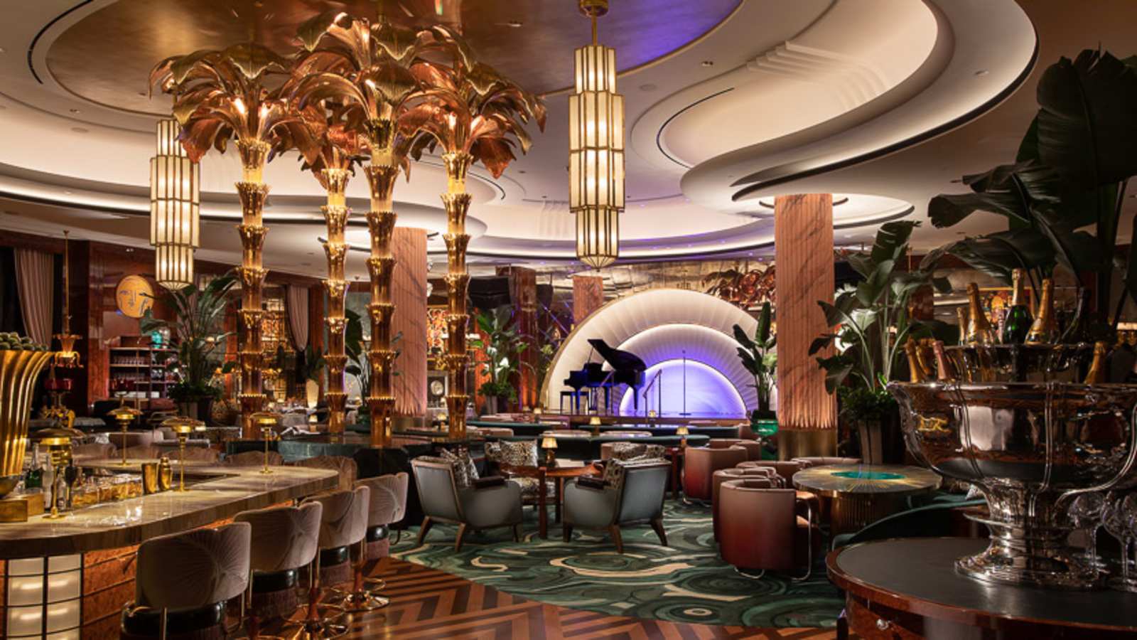 Ornate ceiling and Art Deco interior of Delilah at Wynn Las Vegas