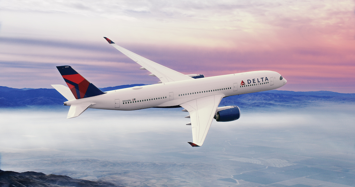 Delta Air Lines Airbus A350 widebody passenger jet in flight at sunset