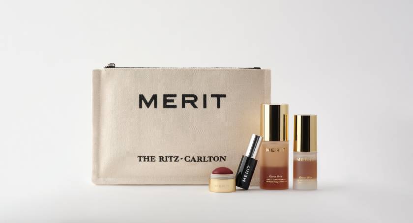 The limited-edition MERIT for The Ritz-Carlton travel set with co-branded pouch and brass keychain