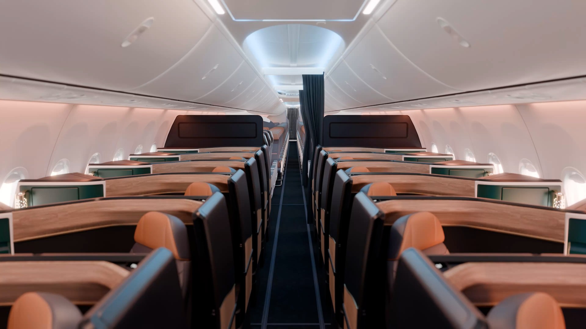 Rendering of the Aurora Suites cabin on an Alaska Airlines Boeing 737-10 MAX, with cognac leather headrests and wood-trimmed suite shells lining a single aisle under soft pink lighting