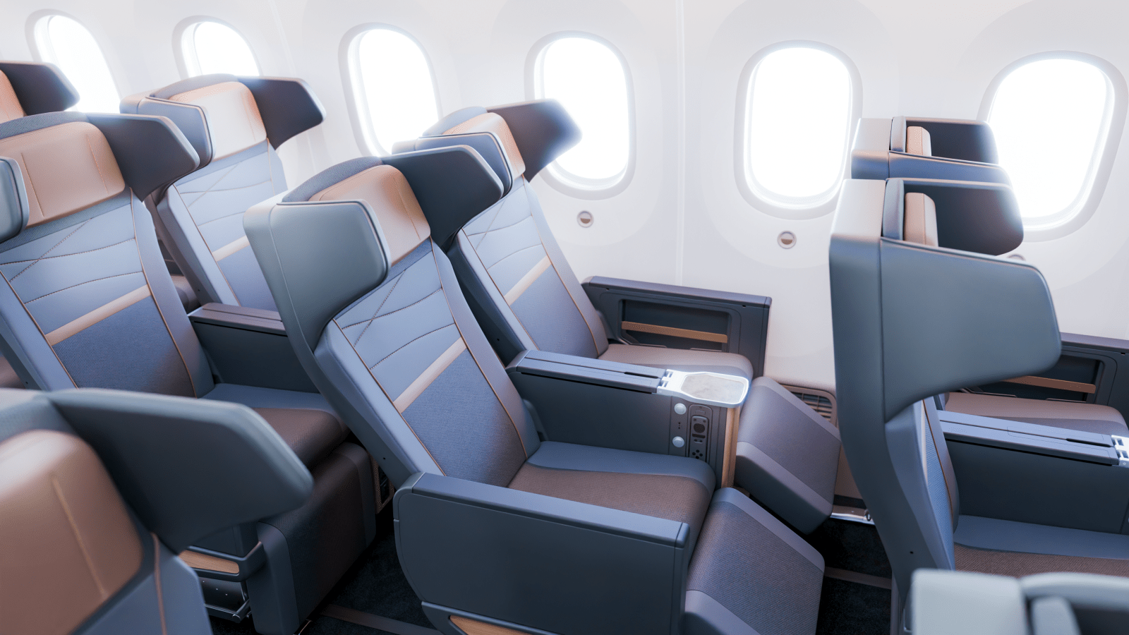 Rendering of Alaska Airlines Premium Reserve recliner seats on a Boeing 787-10, with blue-gray upholstery, copper accents and winged headrests