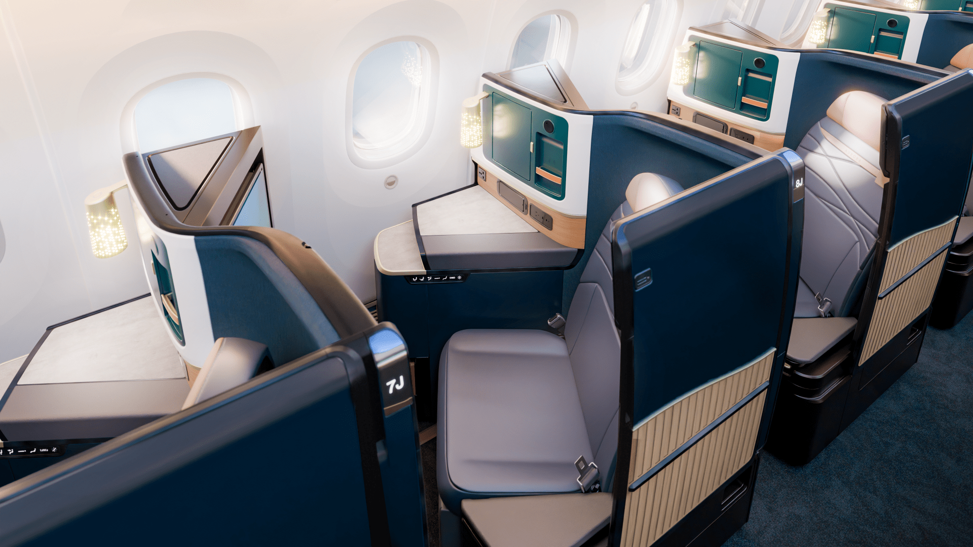 Rendering of an Alaska Airlines Aurora Suite, seat 7J, with a navy privacy door, wood-slat side panel and gray seat beside a window on a Boeing 787