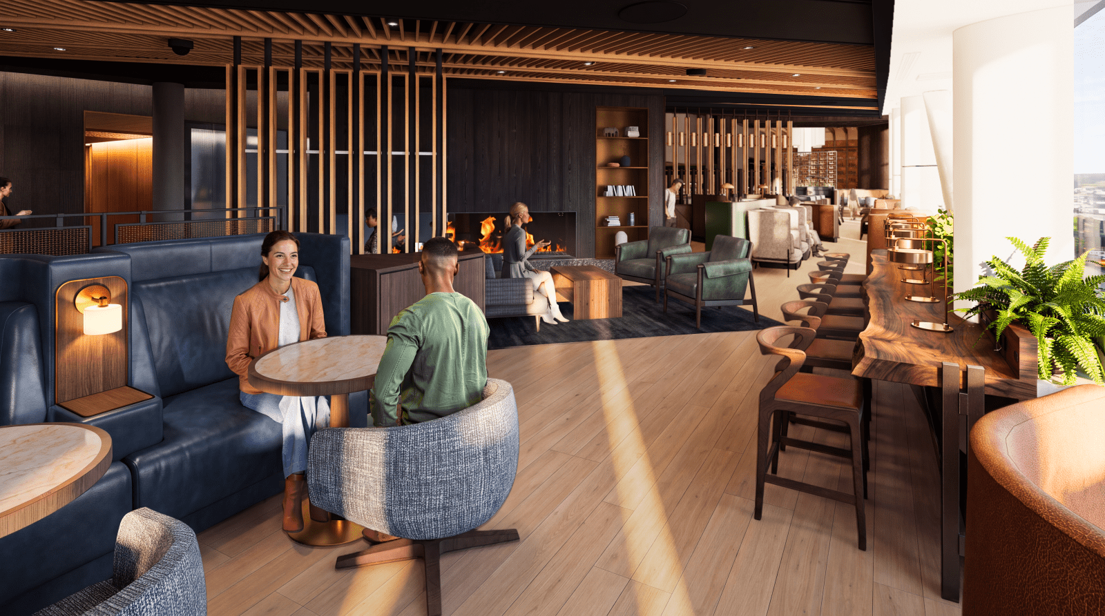 Rendering of the new Alaska Lounge in Seattle with navy leather banquettes, a lit fireplace, bookshelves and a long wood counter along the windows