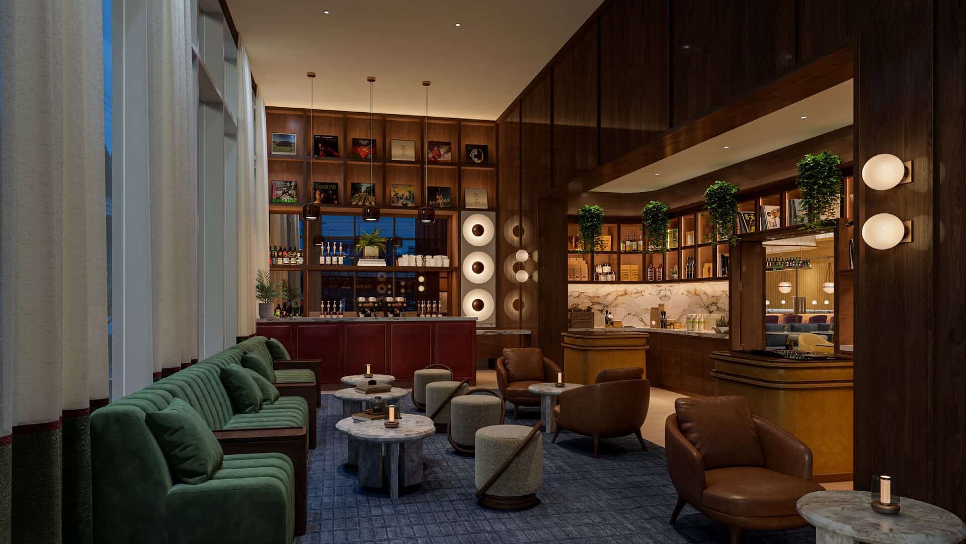 Rendering of the Collector's Lounge at Chase Sapphire Lounge Seattle, with green velvet banquettes, leather club chairs, marble side tables, and a wall of framed vinyl records above a bar