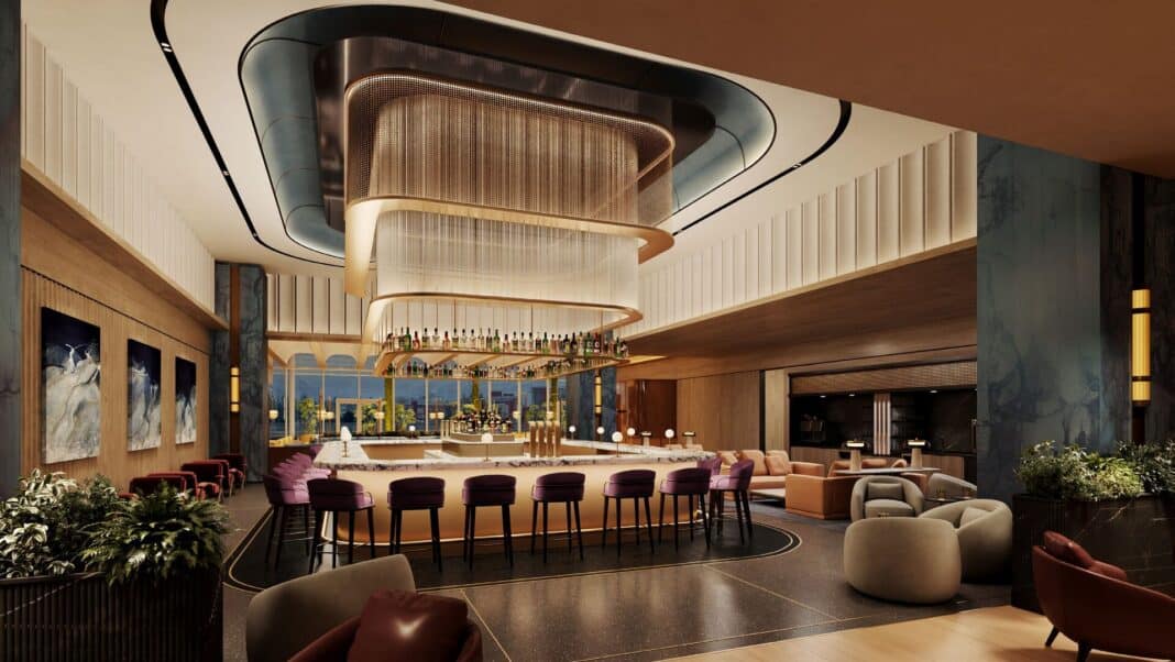 Chase Sapphire Lounge Is Coming to Seattle: First Look at the $70 Million Sea-Tac Lounge Rendering of the Chase Sapphire Lounge Seattle main bar, a long marble bar with plum velvet stools beneath a tiered sculptural chandelier and backlit liquor shelves, with windows beyond