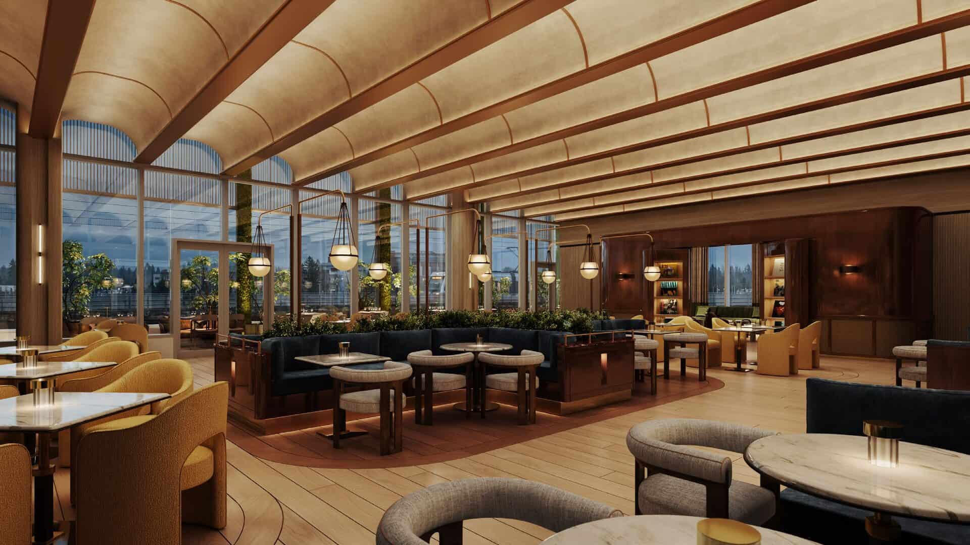 Rendering of the Chase Sapphire Lounge Seattle dining room, with a backlit barrel-vaulted ceiling, globe pendant lights, marble tables with mustard chairs, and floor-to-ceiling windows facing evergreens