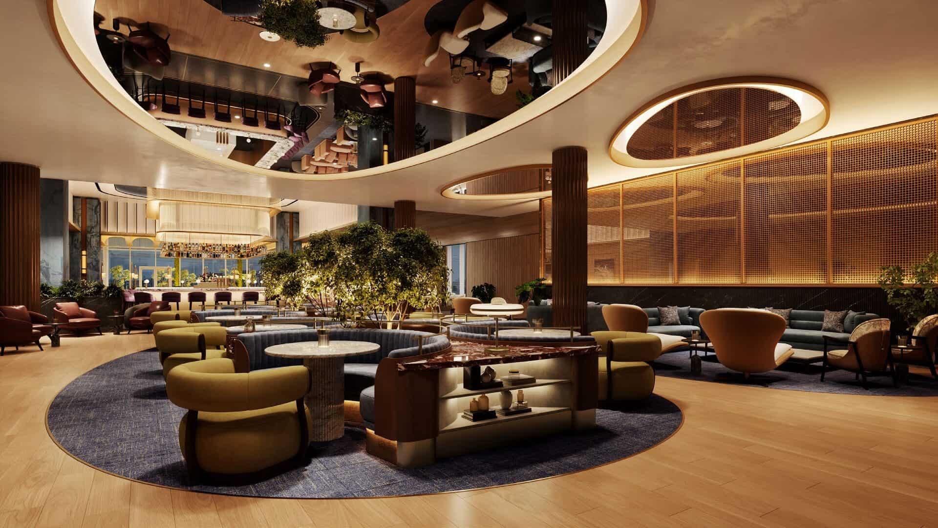Rendering of the main seating area at Chase Sapphire Lounge Seattle, with curved booths and mustard lounge chairs around a planted tree island under a circular mirrored ceiling and brass grid screens