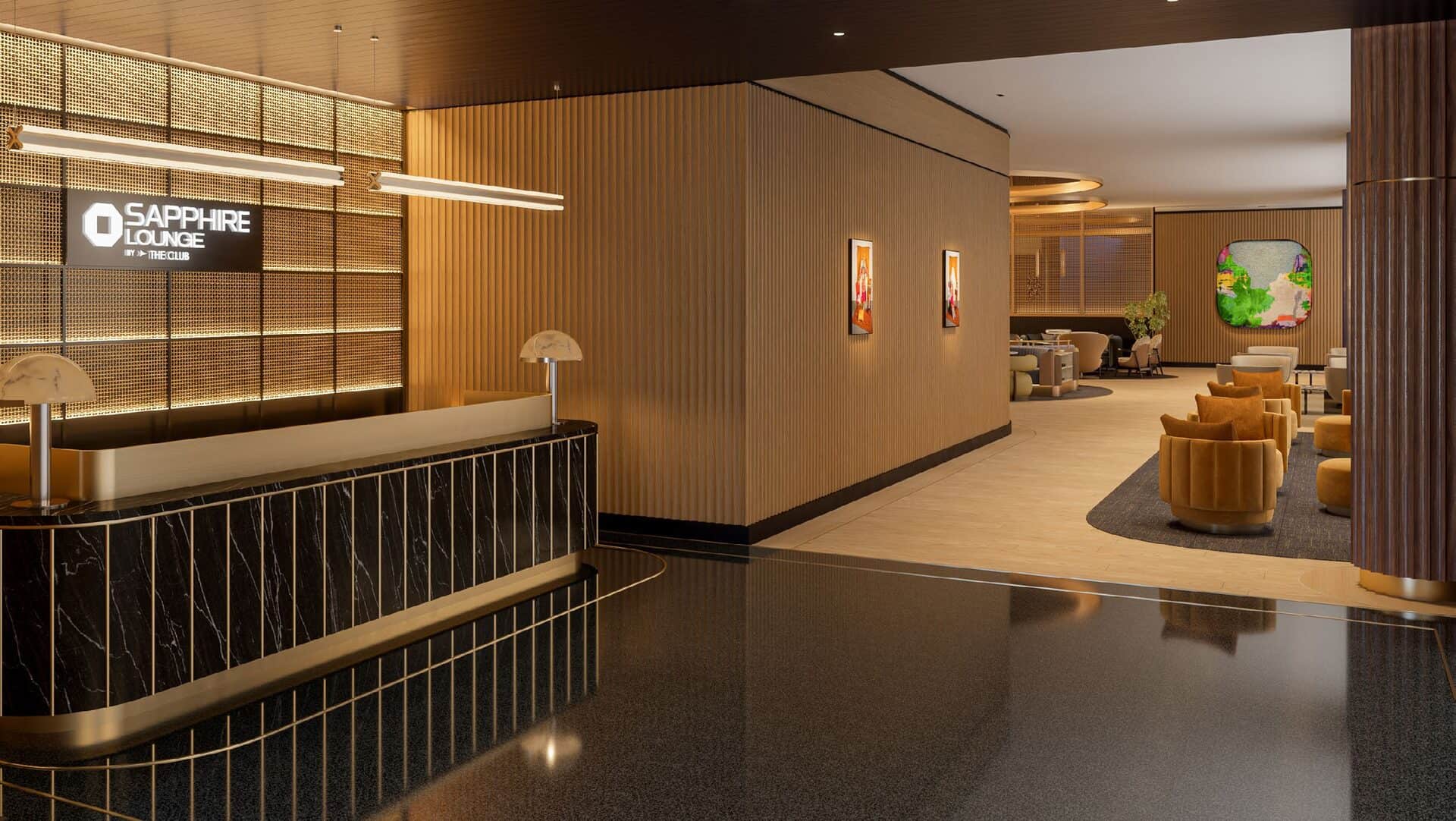 Rendering of the Chase Sapphire Lounge Seattle reception, a black marble front desk with brass trim and a backlit Sapphire Lounge sign, opening onto ochre velvet lounge chairs