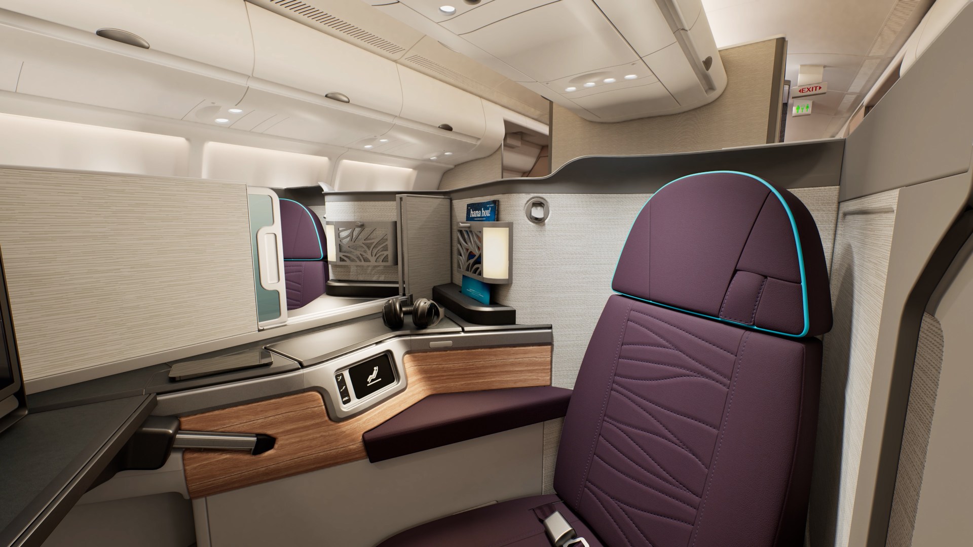 Close-up rendering of a Hawaiian Airlines Leihōkū Suite with a plum seat, wood-grain side console, headphones and a small control screen on an Airbus A330