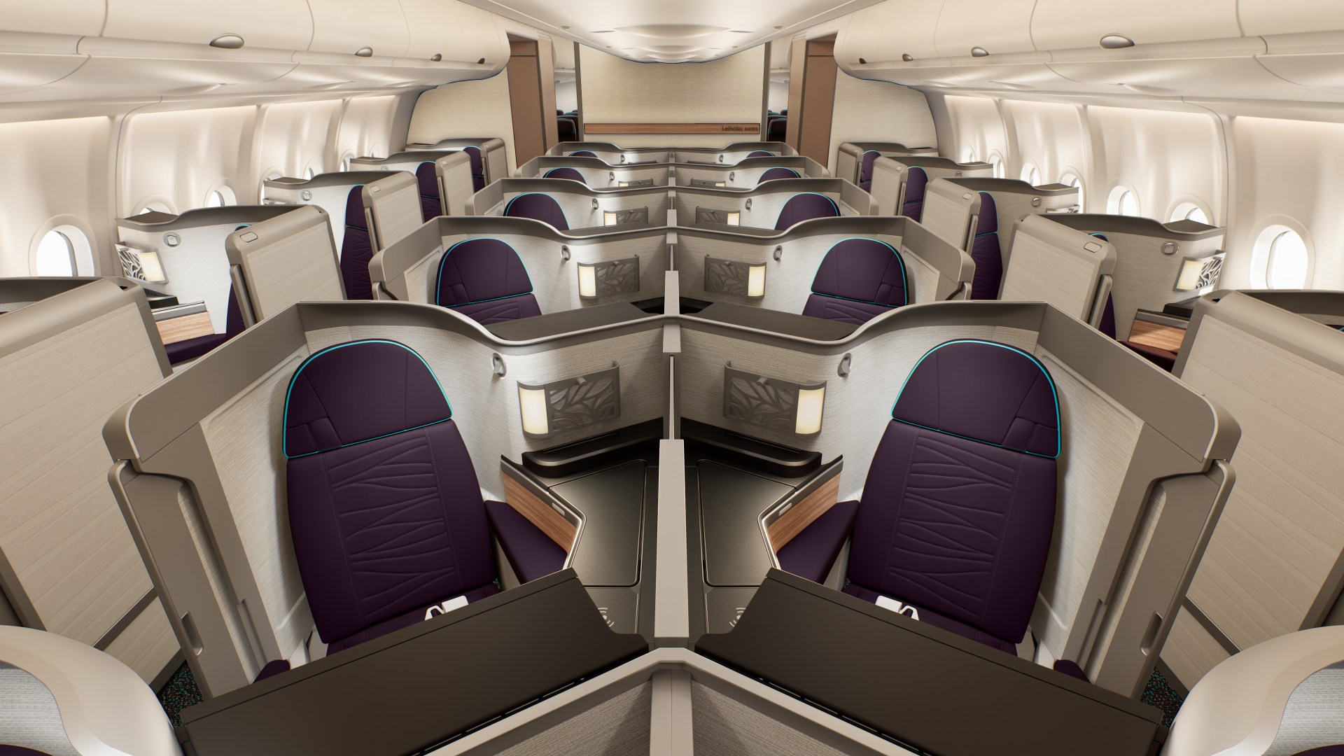 Rendering of the Hawaiian Airlines Leihōkū Suites cabin on an Airbus A330, with plum-purple seats inside pale enclosed suites in a 1-2-1 layout