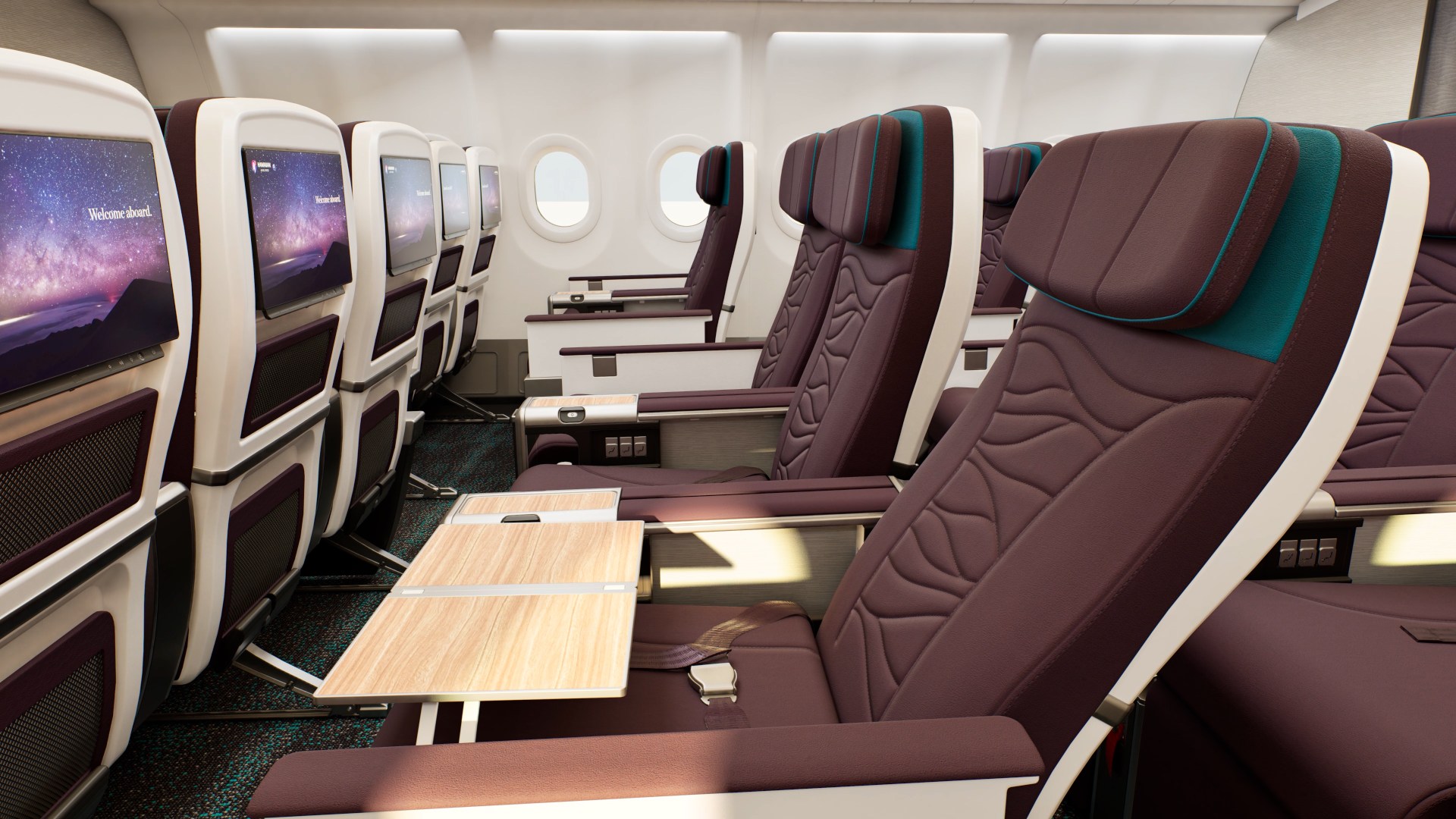 Rendering of Hawaiian Airlines Premium Reserve seats on an Airbus A330 in plum upholstery, with seatback screens showing a starry sky and a wood-look tray table extended