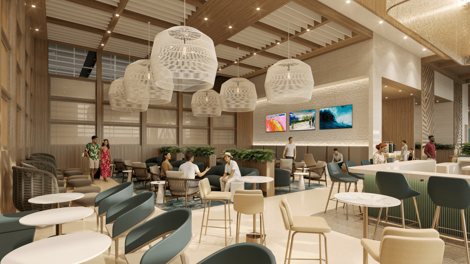 Rendering of the new Hawaiian Airlines Lounge in Honolulu with woven pendant lights, teal and cream chairs, round marble tables and guests in aloha shirts
